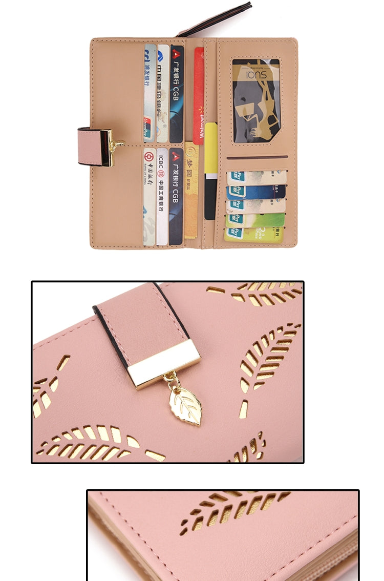 Long Gold Hollow Leaves Coin Purse Card Holders Wallet for Women