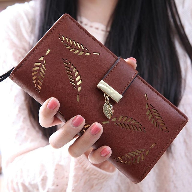Long Gold Hollow Leaves Coin Purse Card Holders Wallet for Women