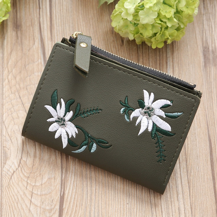 Embroidery Short Wallet PU Leather Wallets Female Floral Hasp Coin Purse Zipper Bag Card Holders