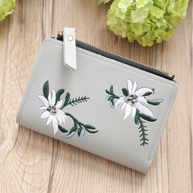 Embroidery Short Wallet PU Leather Wallets Female Floral Hasp Coin Purse Zipper Bag Card Holders