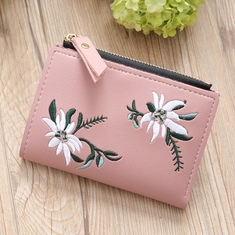 Embroidery Short Wallet PU Leather Wallets Female Floral Hasp Coin Purse Zipper Bag Card Holders