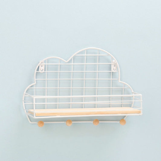 Wrought Iron Grid Cloud Shaped Wall Mounted Shelf Wood Board Home Decoration Hook Rack