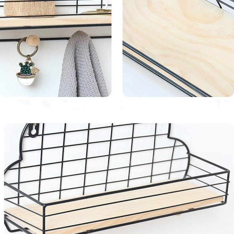 Wrought Iron Grid Cloud Shaped Wall Mounted Shelf Wood Board Home Decoration Hook Rack