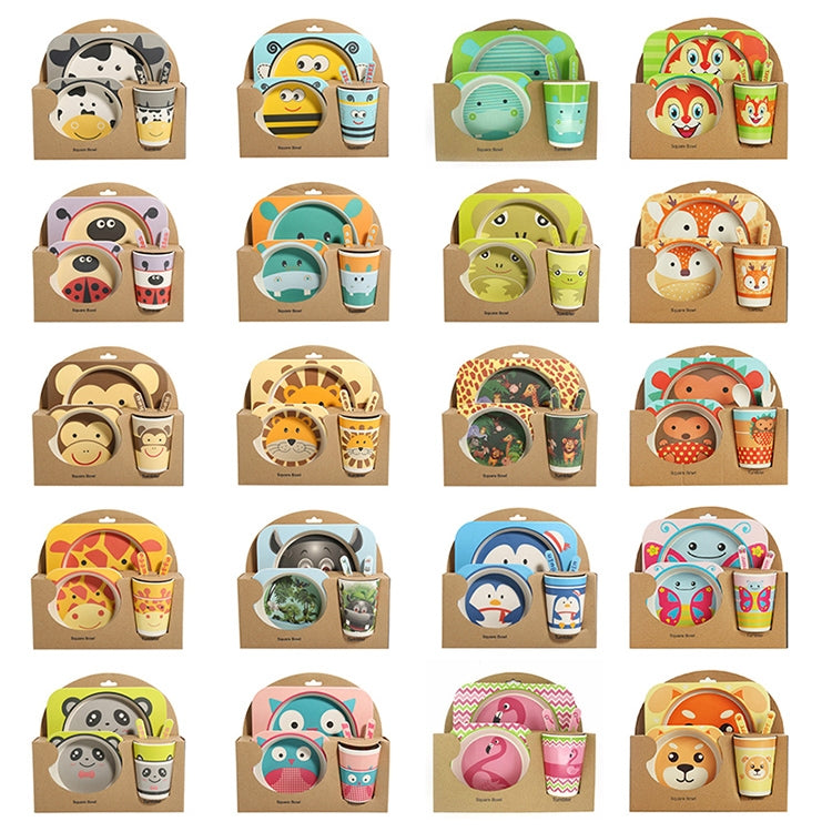 Baby Dish Tableware Set Cartoon Fork Feeding Dishes for Kids Utensils Natural Bamboo Fiber Bowl With Cup Spoon Plate