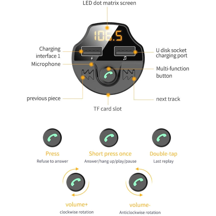 T66 Car Bluetooth Car Charger Cigarette Lighter MP3 Player Hands-Free Car FM Transmitter