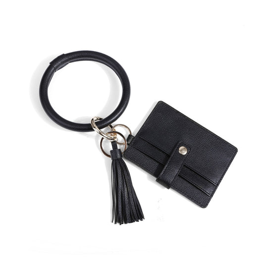 Wrist Ring PU Leather Card Case Key Chain Coin Purse