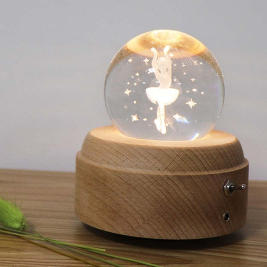 Girl Bedside Lamp Crystal Ball Wooden Base Music Box Charging Glow Rotating Night Light, Random Music, Ballet, Castle, Unicorn, Flying Pig, Dogs, Drawing Girl, Whale, Deer, Deer Head, Cat, Mermaid, Dandelion, Balloon Bear, Christmas Tree, Double Pig
