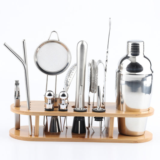 18 in 1 Stainless Steel Cocktail Shaker Set, Oval Bamboo Base, Bar Tool Set