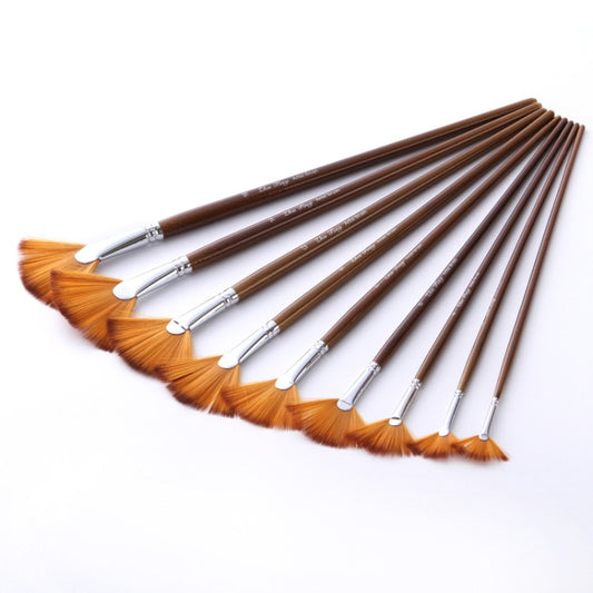 ZHU TING 9 PCS / Set Wooden Pole Fan-Shaped Nylon Hair Paintbrush Gouache Watercolor Acrylic Oil Painting Fishtail