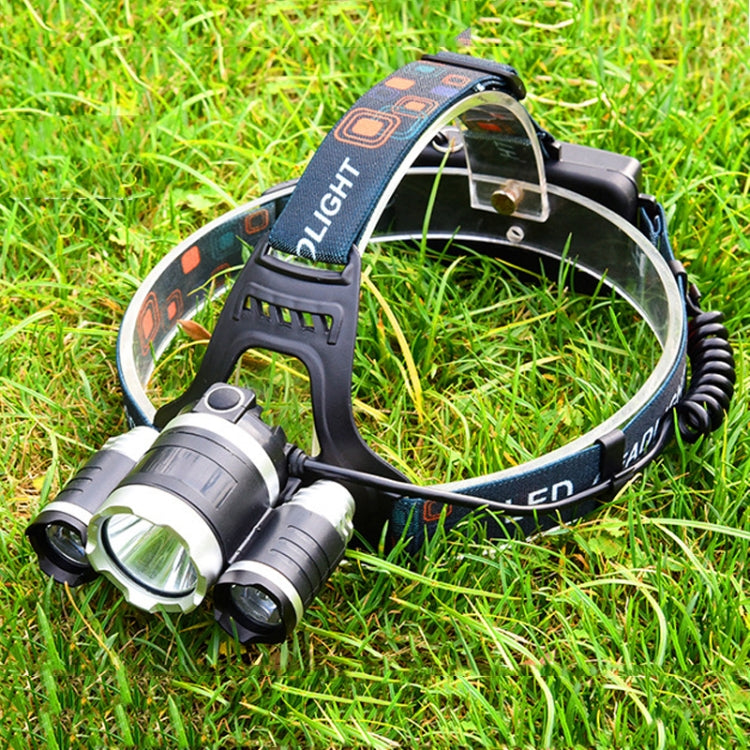 Strong Light Long-Range Rechargeable Three-Head Lamp Outdoor Fishing Lamp Led Head-Mounted Flashlight (2 Batteries+EU Plug)