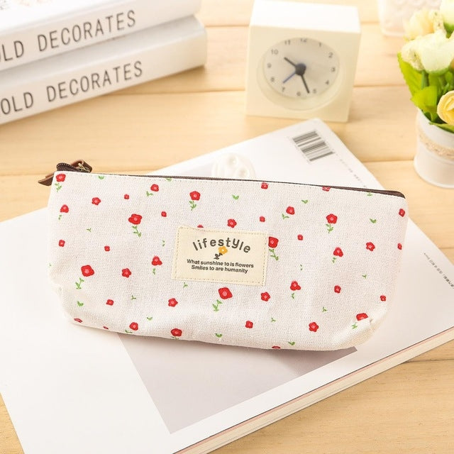 Cute Floral Canvas Zipper Pencil Cases Flower Tree Pen Bags