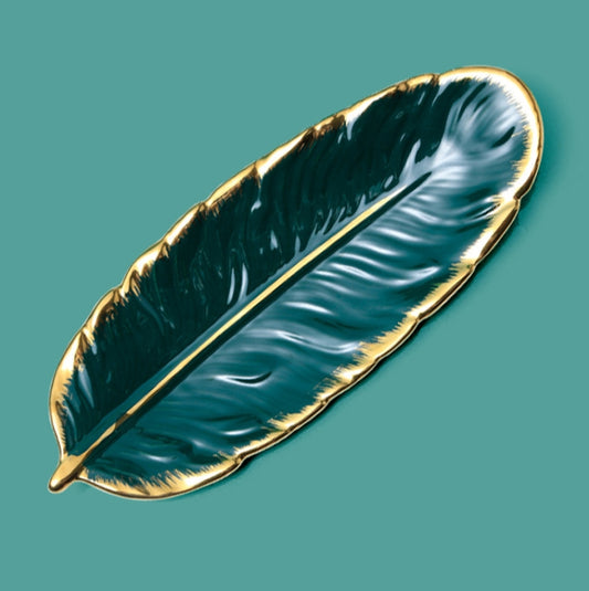 Phnom Penh Ceramic Dessert Plate Feather Plate Banana Leaf Fruit Dried Fruit Storage Tray, Size:, Large （Bright Emerald), Small (Bright Emerald), Large (Bright Peach Pink), Small (Bright Peach Pink), Large (Matt Black), Small (Matte  Black)            ...