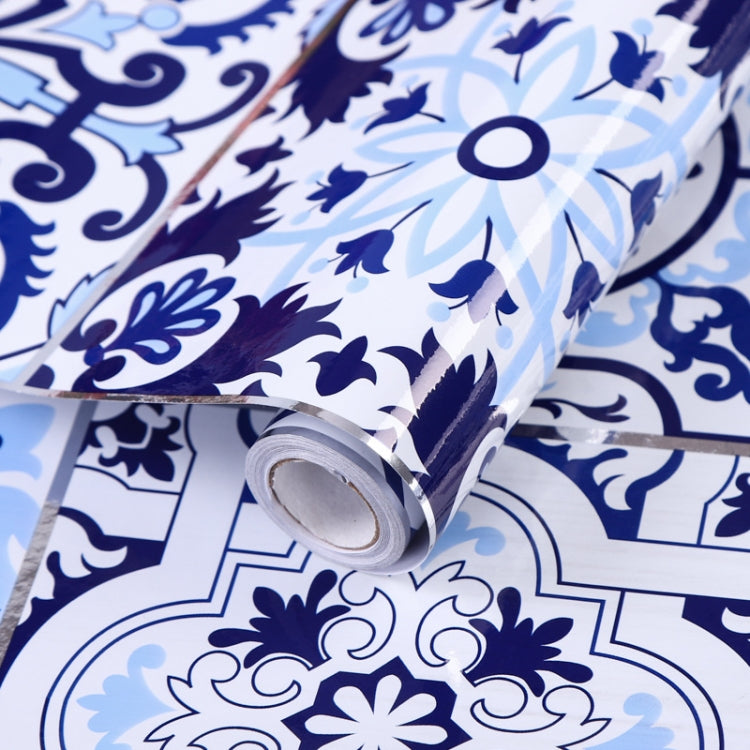 Kitchen Anti-Smoke Tile Wall Stickers Stove Wallpaper, Blossoming Flowers, Blue Ans White Porcelain, Purple Vine
