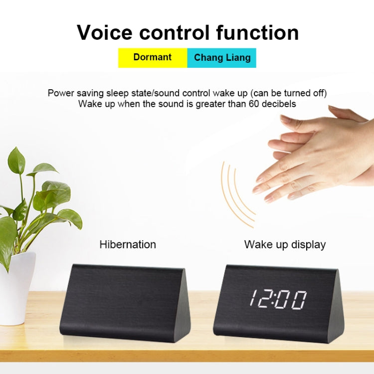 Mute Luminous Electronic Clock Wooden Sound Control Small Triangle Alarm Clock