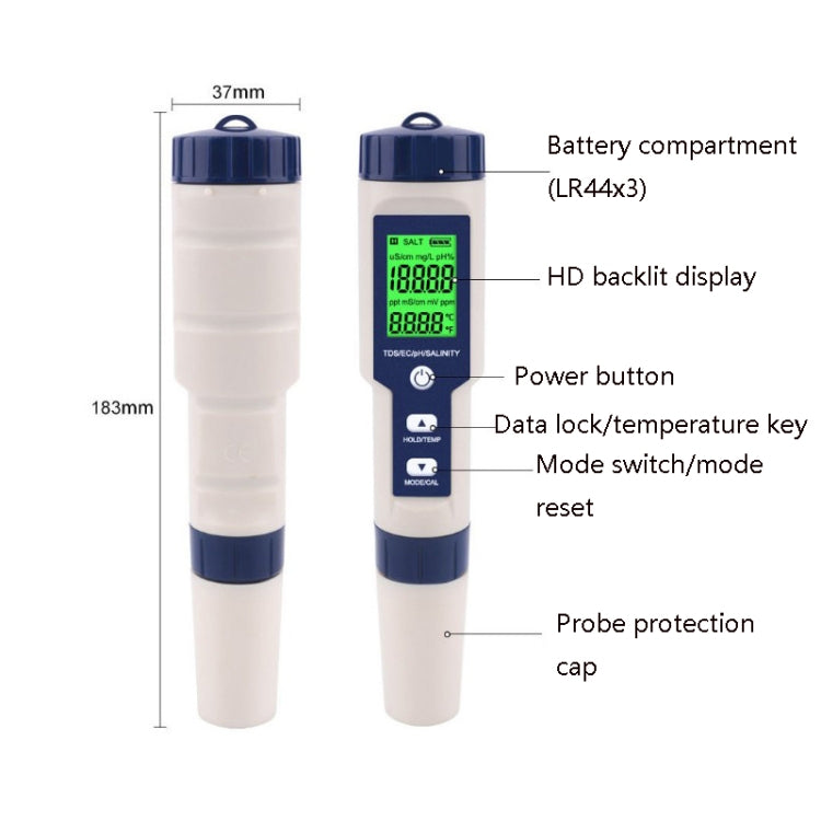 EZ-9909 PH/Salinity/Temperature/TDS/EC 5-in-1 Test Pen Multifunctional Water Quality Detector