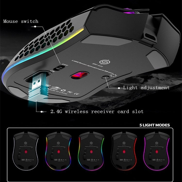 K-Snake BM600 1600 DPI 7-keys Hollow Lightweight Wireless Charging RGB Colorful Gaming Mouse