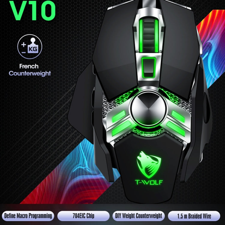 T-WOLF V10 USB Interface 7 Buttons 6400 DPI Gaming Wired Mouse Custom Macro Programming 4-Color Breathing Light Gaming Mouse, Cable Length: 1.5m
