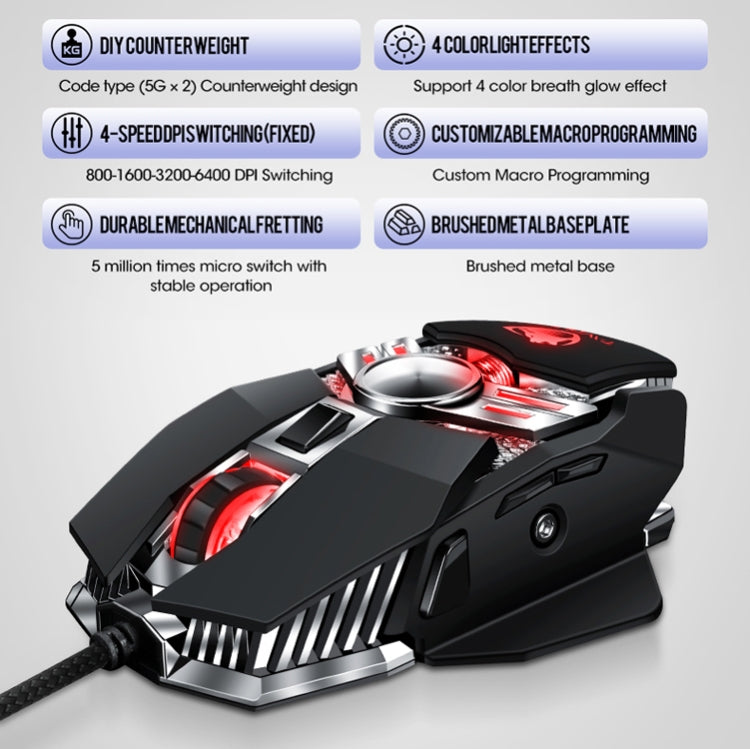 T-WOLF V10 USB Interface 7 Buttons 6400 DPI Gaming Wired Mouse Custom Macro Programming 4-Color Breathing Light Gaming Mouse, Cable Length: 1.5m
