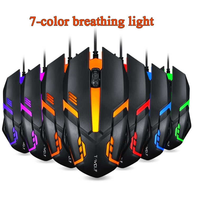 2 PCS T-WOLF V1 USB Interface 3-Buttons 1200 DPI Wired Mouse 7-Color Backlit Gaming Mouse, Cable Length: 1.35m