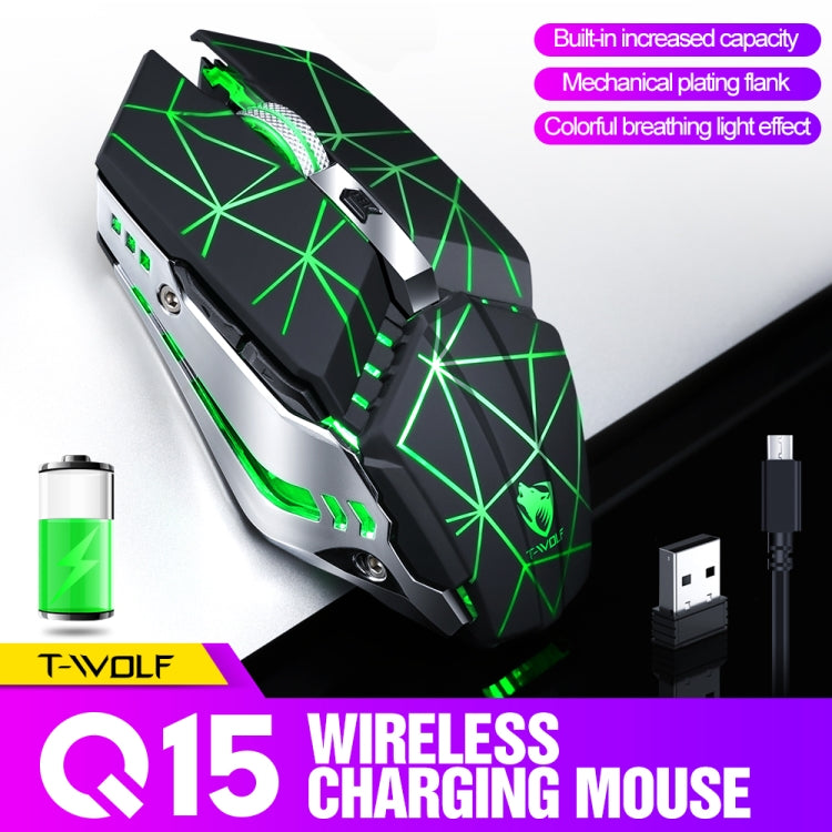 T-WOLF Q15 6-Buttons 1600 DPI Wireless Rechargeable Mute Office Gaming Mouse with 7 Color Breathing Light