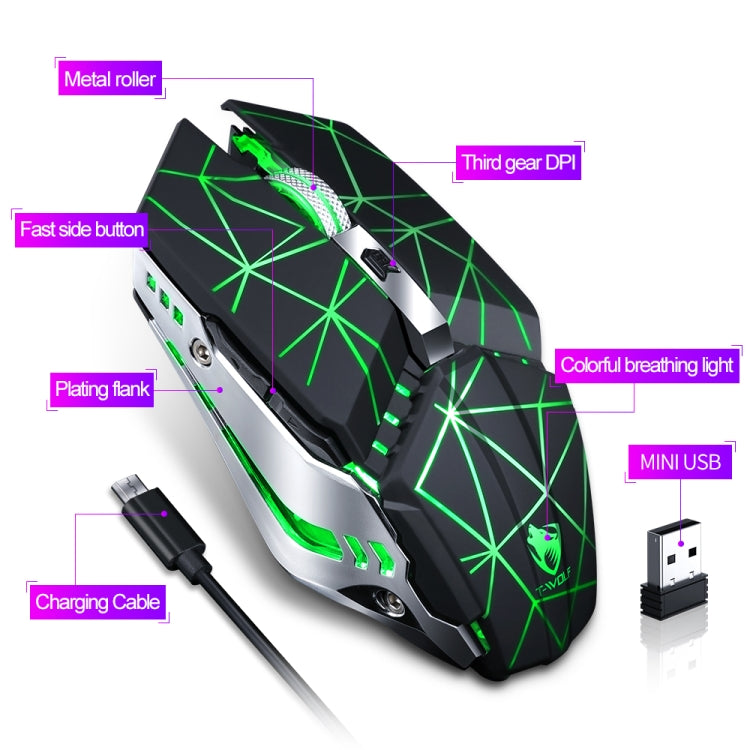 T-WOLF Q15 6-Buttons 1600 DPI Wireless Rechargeable Mute Office Gaming Mouse with 7 Color Breathing Light