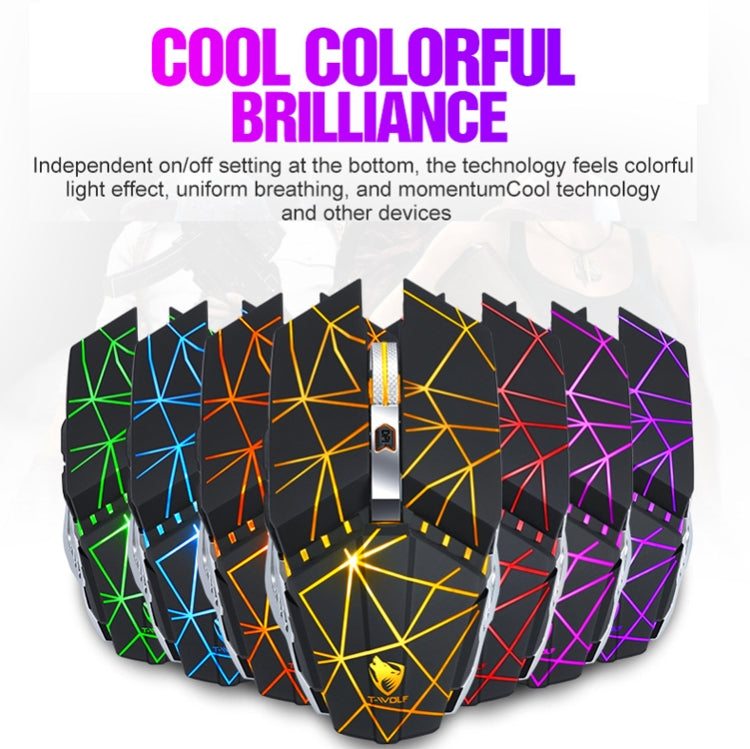 T-WOLF Q15 6-Buttons 1600 DPI Wireless Rechargeable Mute Office Gaming Mouse with 7 Color Breathing Light