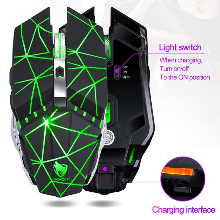 T-WOLF Q15 6-Buttons 1600 DPI Wireless Rechargeable Mute Office Gaming Mouse with 7 Color Breathing Light