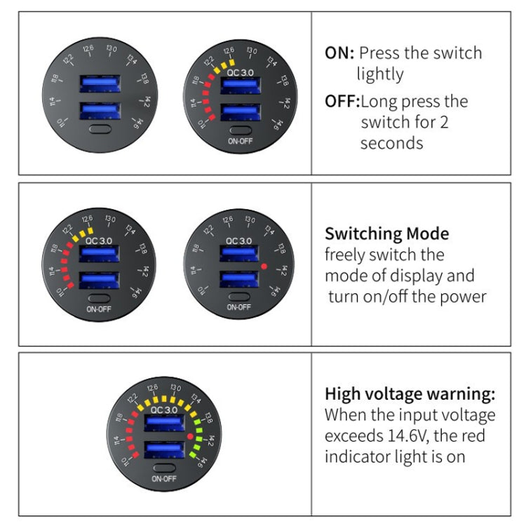 Car Motorcycle Ship Modified With Colorful Screen Display USB Dual QC3.0 Fast Charge Car Charger