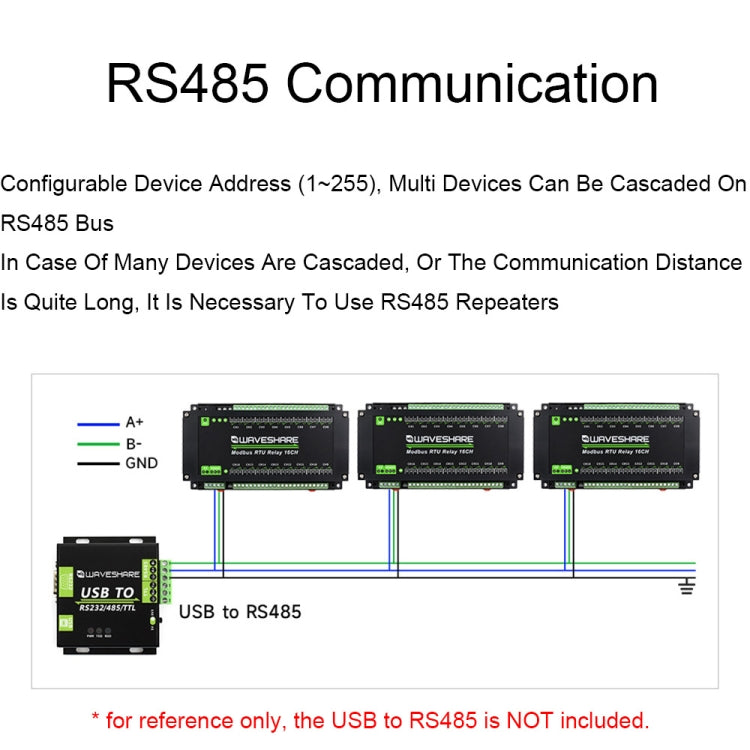 Waveshare 24921 Modbus RTU 16-Ch Relay Module, RS485 Interface, With Multiple Isolation Protection Circuits