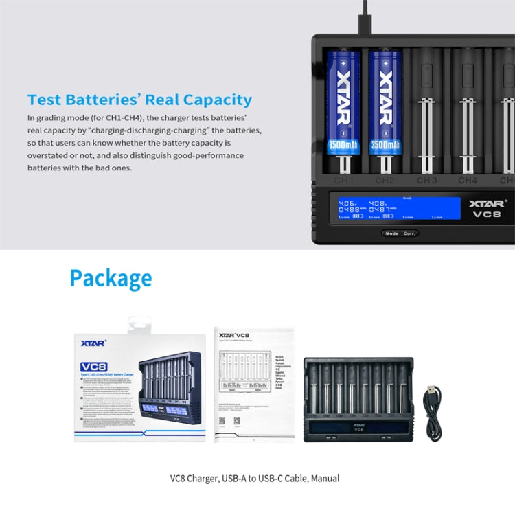 XTAR 8-Slot Battery Charger LCD Display Charger QC3.0 Type C Fast Charger for 21700 / 18650 Battery