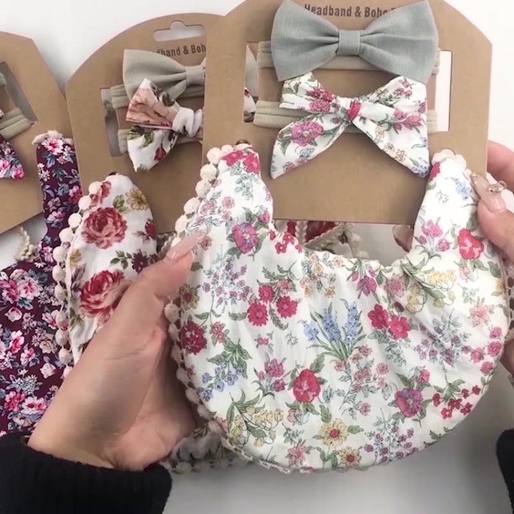 Baby Linen Cotton Printed Double-sided Saliva Towel Headband Set