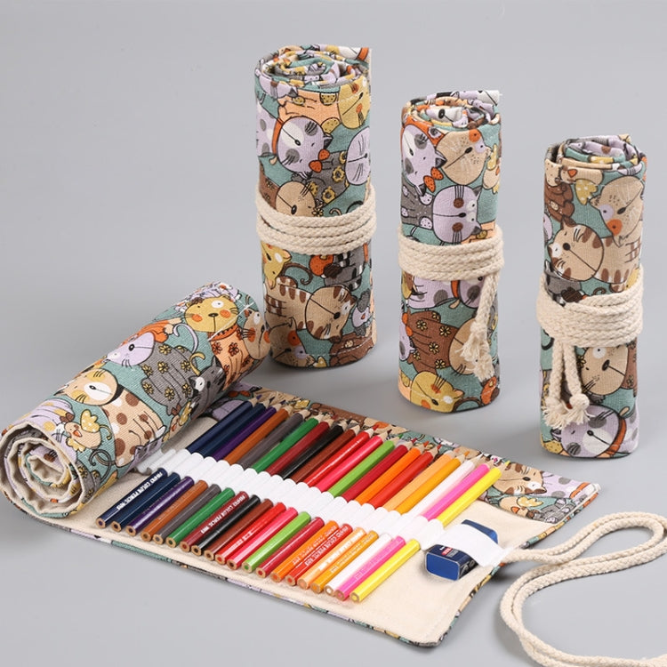 12 Holes Cotton Canvas Large Capacity Pen Curtain Big Face Cute Cat Cartoon Color Pencil Bag