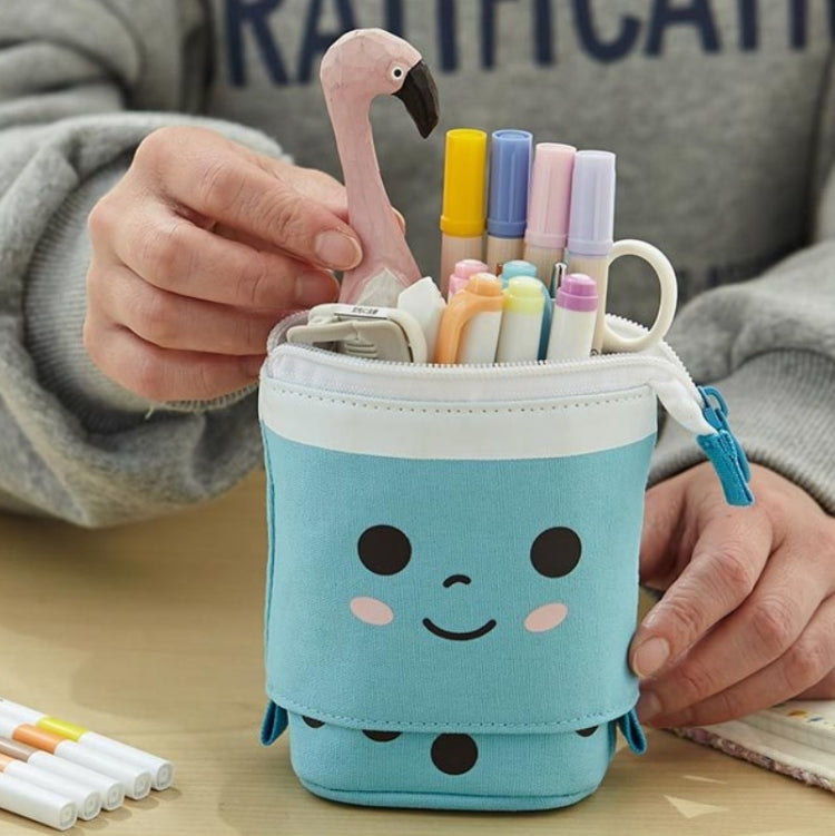 ANGOO Cute Girl Heart Multifunctional Pen Holder Stationery Retractable Storage Bag, Taro Milk Tea, Peach Milk Tea, Blue Silk Velvet Tea, Coffee Milk Tea, Mango Tea, Pink Wave Point, Gray Wave Point, Blue Point, Black Point, Pink (Canvas + PU)         ...