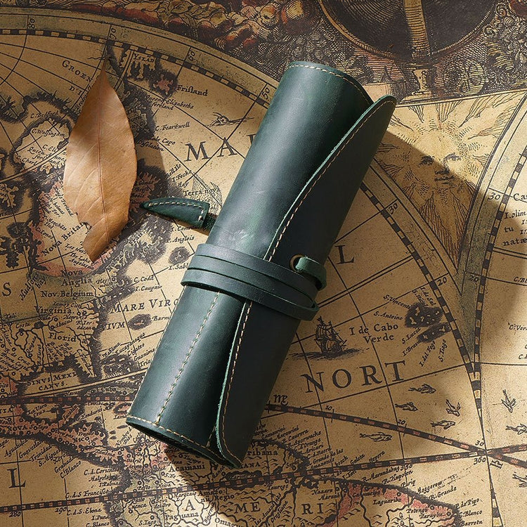 Retro First Layer Cowhide Pen Curtain Simple Literary Pencil Case Multifunctional Volume Pencil Case