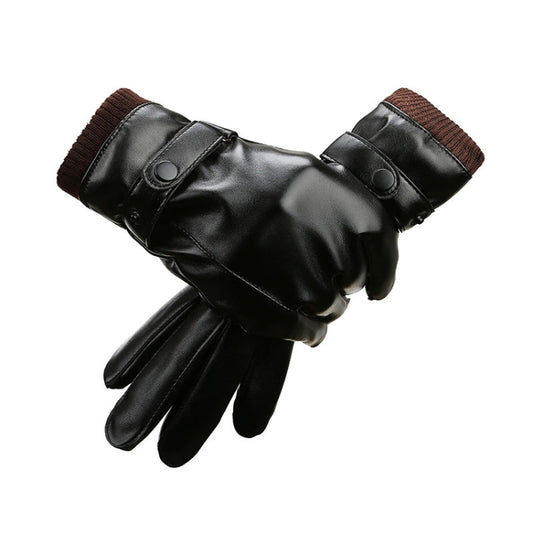 Men Autumn Winter Windproof Warm Plush Lining PU Riding Gloves