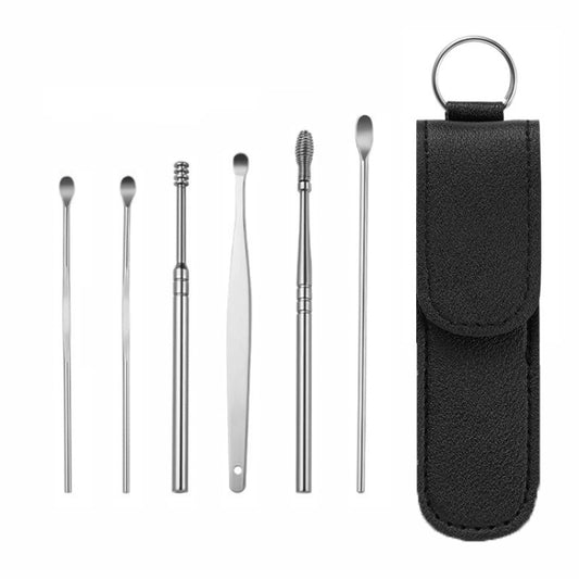 6 In 1 Stainless Steel Spring Spiral Portable Ear Pick, Black Leather Case, Black