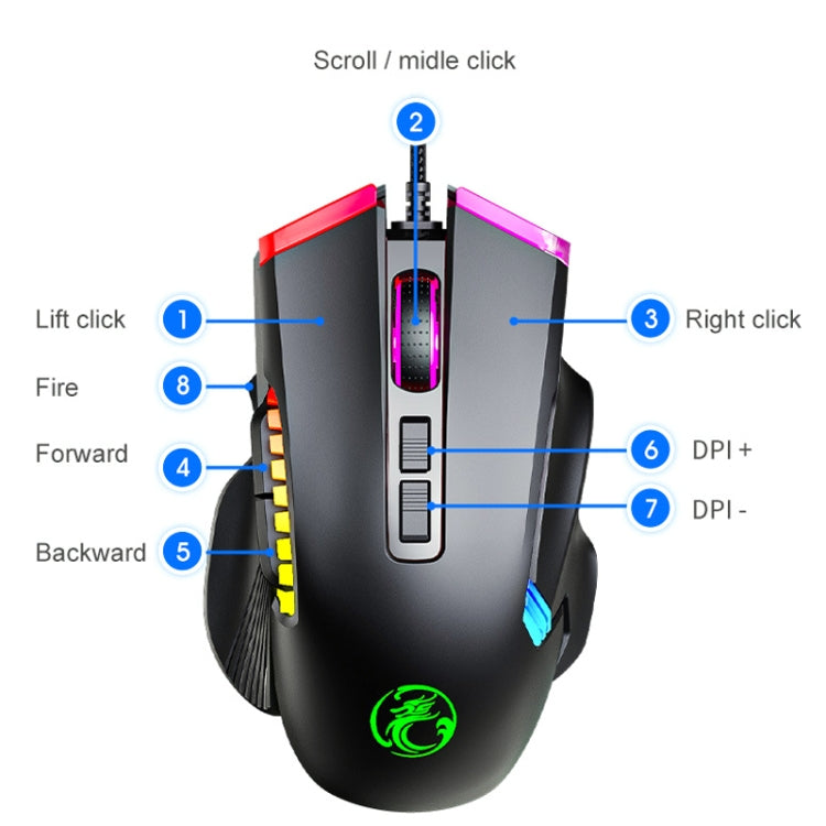 IMICE T70 8-Button 7200DPI RGB Lighting Programmable Wired Gaming Mouse, Cable Length: 1.8m