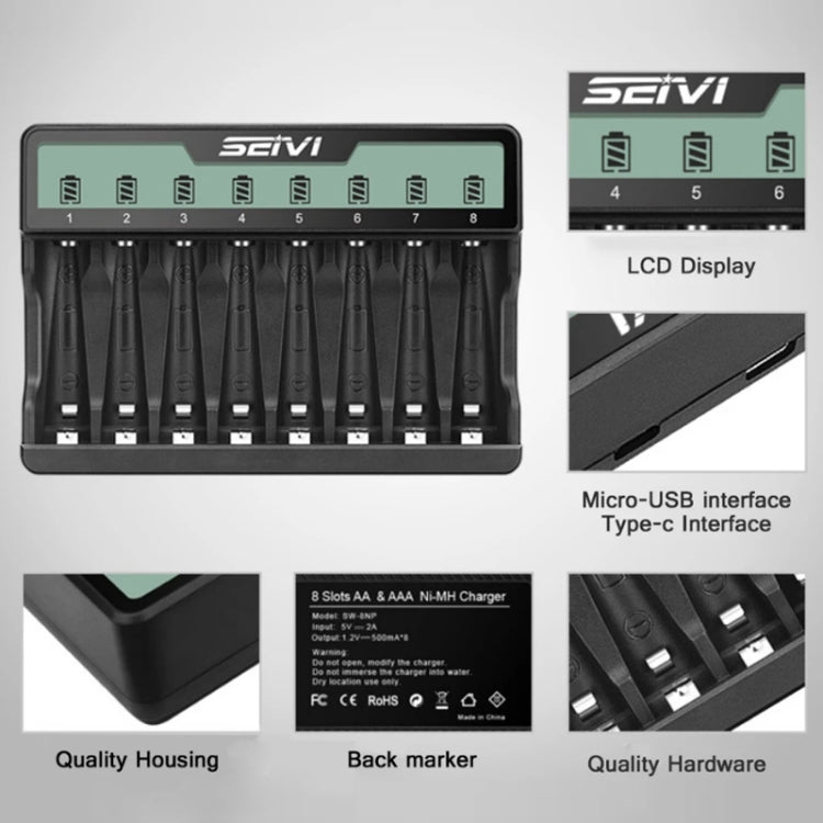SEIVI On-Screen Eight-Slot Cradle Charging NiMH Battery USB Charger