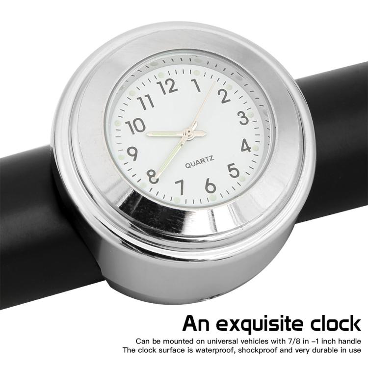 Aluminum Alloy Plating Motorcycle Handlebar Clock, Clock Black Shell White Background, Clock Black Shell Black Background, Clock Silver Shell Black Background, Clock Silver Shell White Background
