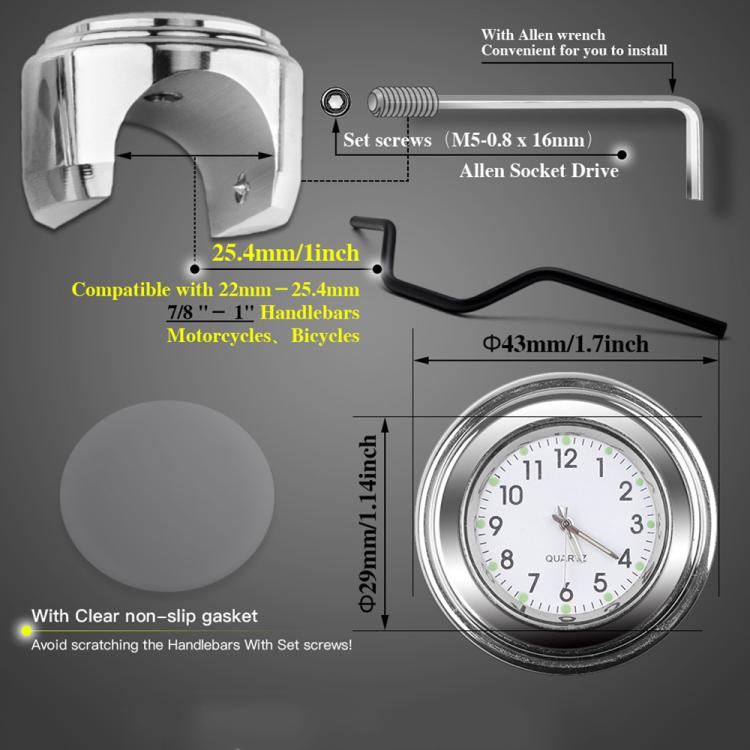 Aluminum Alloy Plating Motorcycle Handlebar Clock, Clock Black Shell White Background, Clock Black Shell Black Background, Clock Silver Shell Black Background, Clock Silver Shell White Background