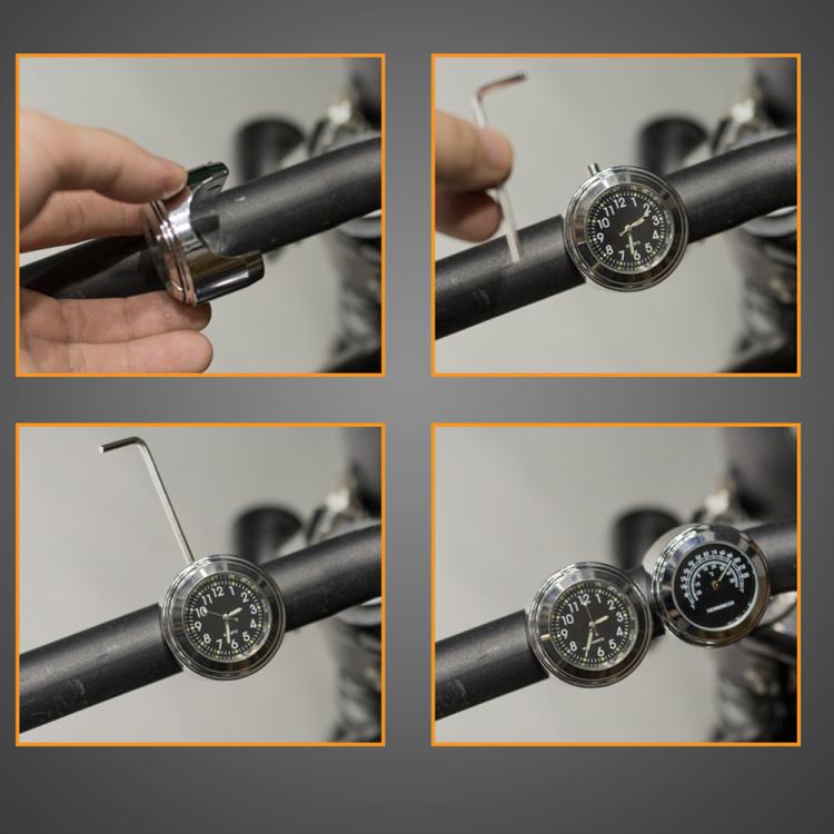 Aluminum Alloy Plating Motorcycle Handlebar Clock, Clock Black Shell White Background, Clock Black Shell Black Background, Clock Silver Shell Black Background, Clock Silver Shell White Background