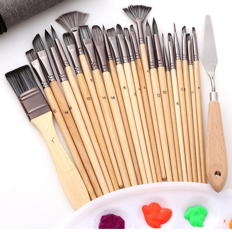 24 In 1 Nylon Wool Brush Canvas Storage Bag Set Oil Painting Gouache Watercolor Brush