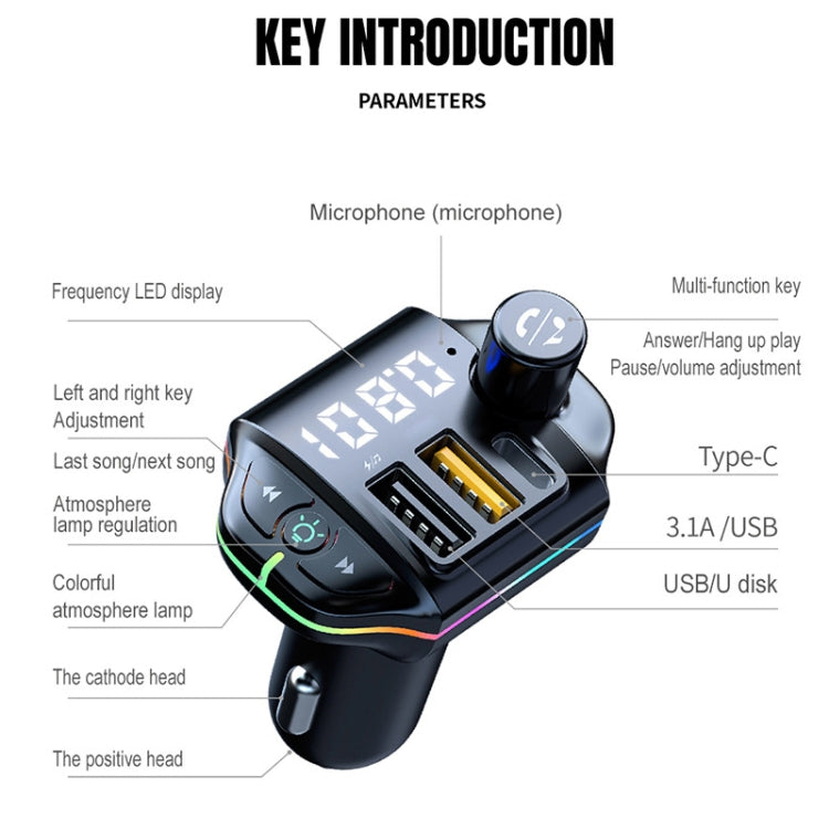A10 Colorful Atmosphere Light FM Bluetooth Transmitter Car Charger