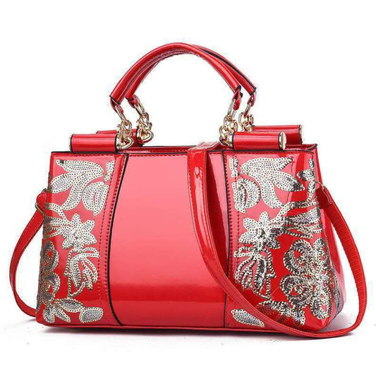 Ladies Single Sided Embroidered Shiny Leather Handbag