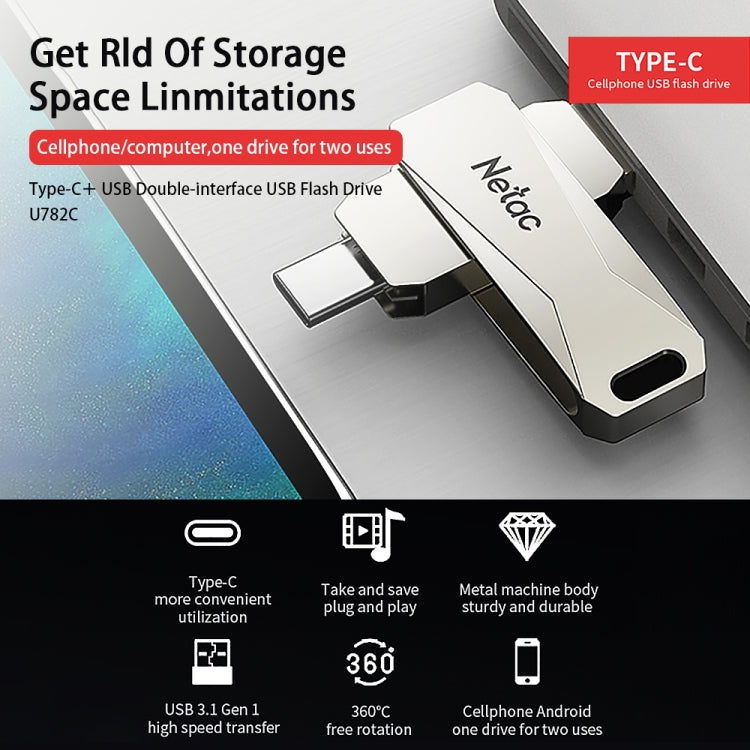 Netac U782C Type-C Dual Interface High-Speed Metal Computer USB Flash Drive, 32GB, 64GB, 128GB