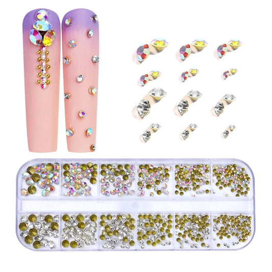 12 Grid Flat Bottom Shaped Nail Rhinestones Nail Decoration