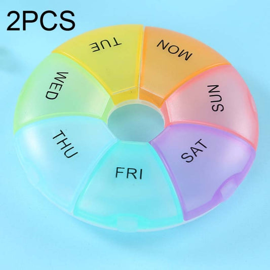 2 PCS Round 7 Days Rainbow Color Portable Pill Box Plastic Seven Grid