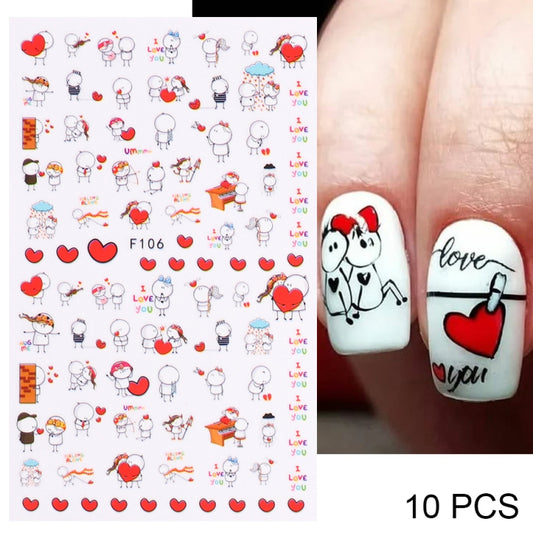 10 PCS Cartoon Heart Letters Comic Character Nail Art Sticker 3D Adhesive Nail Stickers