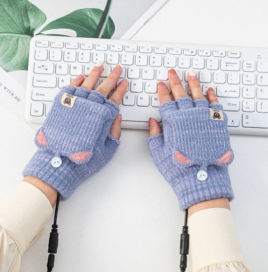 Winter Office USB Heating Warm Half Finger with Cover Gloves Heated Pad