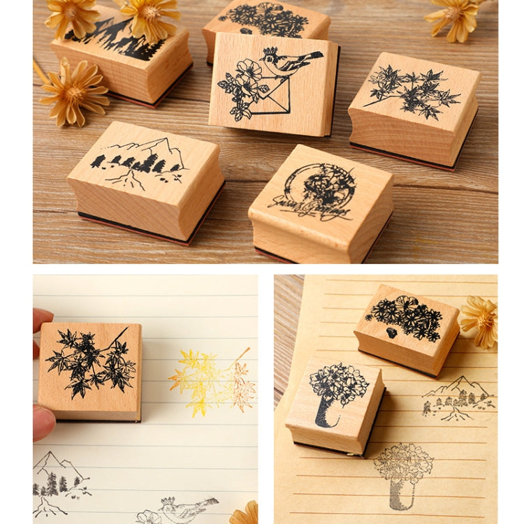5 PCS DIY Vintage Nature Landscape Handbook Wooden Stamp